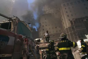 Skyscraper Prints: Fire fighters amid debris following September 11th terrorist attack on World Trade Center