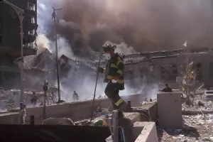Skyscraper Prints: Fire fighters amid smoking rubble following September 11th terrorist attack on World Trade Center