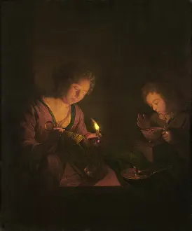 1700s Prints: Fire and Light, attributed to Godfried Schalcken, 1690-1706, Dutch painting, oil on canvas