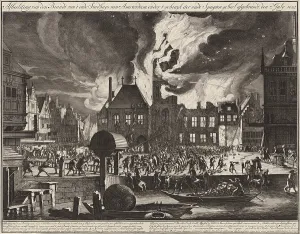 Boats Prints: The Fire in the Old Town Hall in Amsterdam