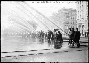 Amusement Prints: Fireman testing high-pressure hoses, New York City New York, 1900-1910
