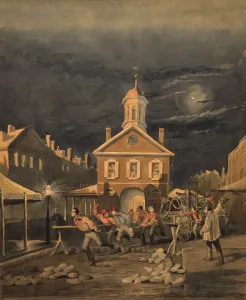 Street Prints: Firemen pull a fire engine, in this watercolor painting by James Fuller Queen
