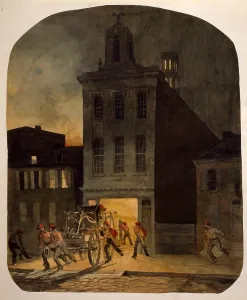 Fireman Prints: Firemen from the Weccacoe Engine Company pulling a hand-drawn fire engine as other firemen scramble to readiness