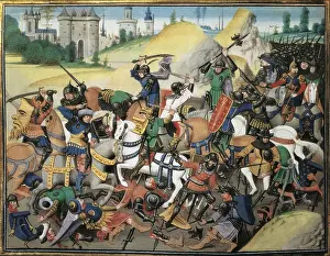 First Crusade. Conquest of Antiochia (1098). Picture from the "History of Emperors" (14th c.). Gothic art. Miniature Painting. FRANCE. Paris