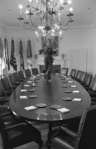Presidents Wives Prints: First Lady Betty Ford dances on the Cabinet Room table on the day before departing the White House upon