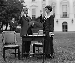 Calvin Prints: First Lady Grace Coolidge taking an oath before filling out her ballot for the 1924 Election