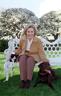 First Family Prints: First Lady Hillary Rodham Clinton with Socks the Cat and Buddy the Dog on the White House Lawn