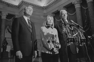 News Prints: First Lady Hillary Rodham Clinton speaks at a press conference at the U