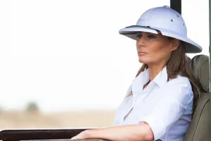 Vehicle Prints: First Lady Melania Trump wearing a pith helmet on a safari tour on Oct