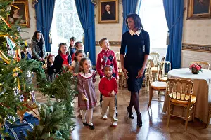 Ladies Prints: First Lady Michelle Obama with children of military families by the White House Christmas Tree