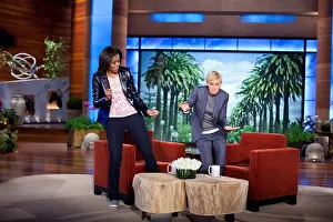 Degeneres Prints: First Lady Michelle Obama and Ellen DeGeneres dance during a taping of The Ellen DeGeneres Show