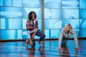 Rehearsal Prints: First Lady Michelle Obama rehearses with Ellen DeGeneres for a #GimmeFive Let's Move! dance