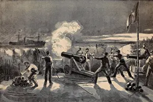 Wood Engraving Prints: The first shots of the US Civil War were fired from Morris Island battery by cadets from the Citadel on Jan