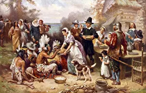 Thanksgiving Prints: The first Thanksgiving, 1621, Pilgrims and natives gather to share a meal