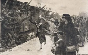 Salutation Prints: The first World war (1918). North American soldiers in a raillway station at Paris