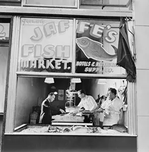 Customers Prints: Fish store in the Lower East Side, the Jewish neighborhood of New York City. August 1942