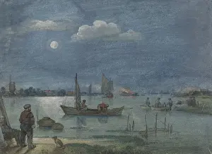 Boats Prints: Fishermen by Moonlight, by Hendrick Avercamp, 1595-1634, Dutch drawing, ink on paper
