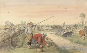 16th Century Prints: Fishermen with Nets along a Towpath