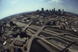 Bridges Prints: Fisheye aerial view of the complex concrete ribbons dividing and merging in Los Angeles