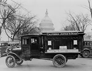 Injustice Prints: Flatbed truck signs read: California Justice is Dead! (top) and Pardon! Tom Mooney-Innocent! The U