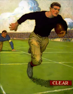 Runner Prints: Football. A college football player slips clear of a tackle and runs for the end zone