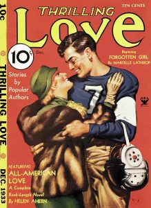 Magazine Prints: Football. A college football player and woman in fur coat embracing and smiling at each other