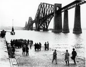 Scotland Prints: FORTH BRIDGE- German railway students studying the Firth of Forth Bridge in Edinburgh
