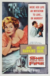 FORTUNE IS A WOMAN, (aka SHE PLAYED WITH FIRE), US poster art, left and right: Arlene Dahl; second right: Jack Hawkins, 1957