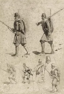 Morocco Prints: FORTUNY, Mariano (1838-1874). Figures of soldiers in campaign