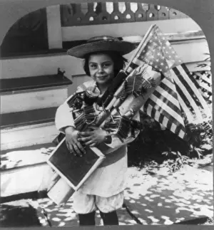 Fourth Of July Prints: The Fourth of July, child with flags and fireworks