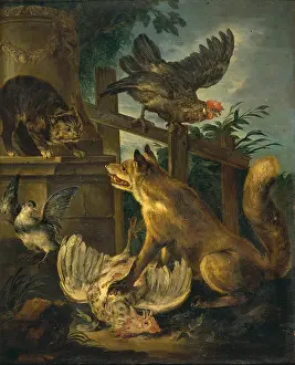 Palings Prints: Fox and Cat between Birds (Volpe e gatto tra i volatili)
