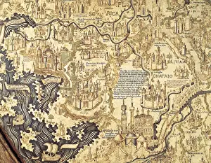 Fra Mauro ( -1460). Fra Mauro map. 1459. Detail with Asia and the Chinese Empire. The map is oriented with south at top. Miniature Painting. ITALY. Venice