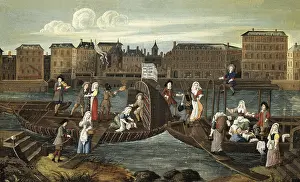 Wash Prints: France (17th c.). Paris. Fish shop and a laundry ship in the Magisserie wharf