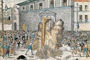 Hogenberg Prints: France. Wars of Religion. Execution in Paris of the protestant magistrat Anne Du Bourg (1559)