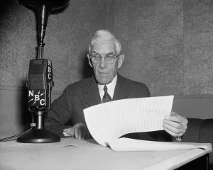 Microphones Prints: Francis Townsend at NBC microphones, ca