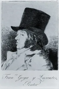 Goya Prints: Francisco Goya (1746-1828), self portrait etching in a top hat. Ca. 1795