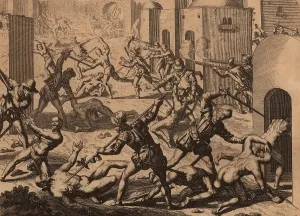16th Century Prints: Francisco Pissarro's soldiers massacre Incan men