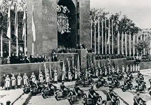 FRANCO BAHAMONDE, Francisco (1892-1975). Spain. Civil War. Victory Parade (1939). Italian units march before the platform of Franco. AISA/Everett Collection**US SALES ONLY**