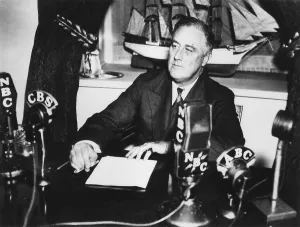 2013 Prints: Franklin Roosevelt having a fireside chat from the White House via radio. Apr. 28, 1935