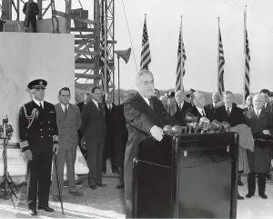 Microphones Prints: Franklin Roosevelt at Jefferson Memorial cornerstone laying