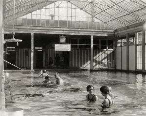 Physical Therapy Prints: Franklin Roosevelt in physical therapy at Warm Springs indoor pool