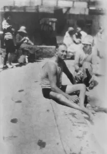 Physical Therapy Prints: Franklin Roosevelt sitting beside Warm Springs swimming pool. 1923. (BSLOC_2013_5_52)