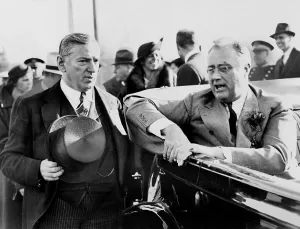Irish Americans Prints: Franklin Roosevelt, talking with Gov. James Curley during 1936 campaign