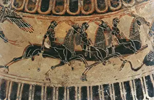 Franois Vase. 570 BC. Detail of this Attic black-figured krater with volutes, made by the potter Ergotimos and the painter Klitias. Fight between pygmies and cranes