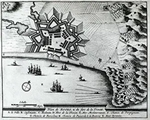 Woodcut Prints: French map of the city of Roses and Trinidad fortress