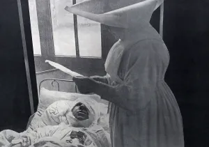 Bandages Prints: French nun attending a WW1 wounded soldier decorated in his hospital bed