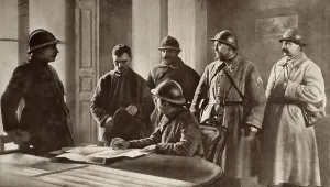 Surrendered Prints: French officers interrogating a German prisoner during World War 1. Probably 1914