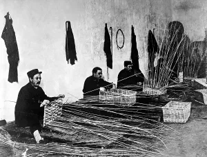 Disabled Prints: French soldiers blinded during World War I learning to make baskets. 1914-1918