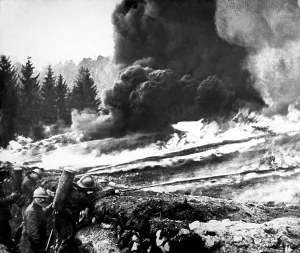 Attacks Prints: French soldiers using liquid fire in front line trenches
