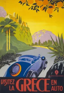 Graphic Design Prints: French travel poster shows an automobile driving along a road in Greece